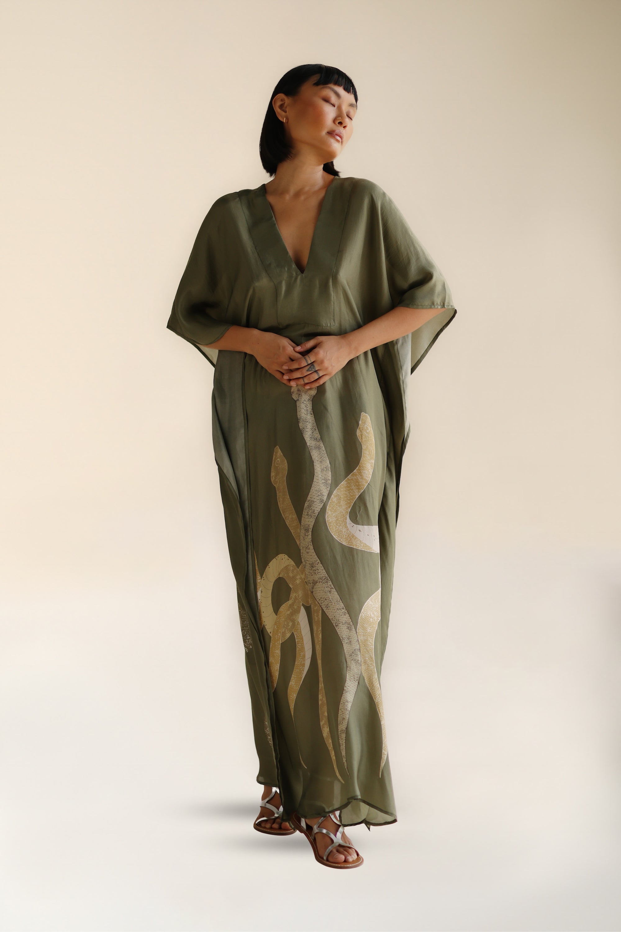 Rise Kaftan Olive | Hand Drawn and Printed Mystical Serpent Print Olive SILK Kaftan | FARA Boutique ml / GREEN / SILK Rise Kaftan Olive | Hand Drawn and Printed Mystical Serpent Print Olive SILK Kaftan | FARA Boutique ml / GREEN / SILK