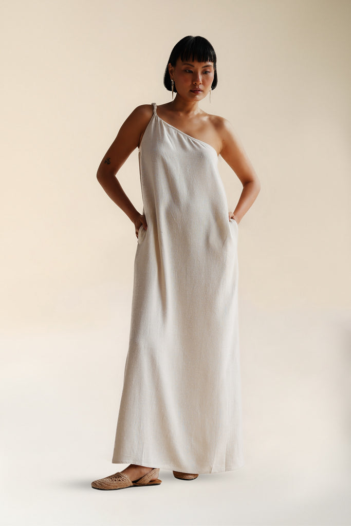 indra maxi dress Indra Dress Natural | Asymetrical White Maxi Dress with Twisted Strap |  FARA Boutique