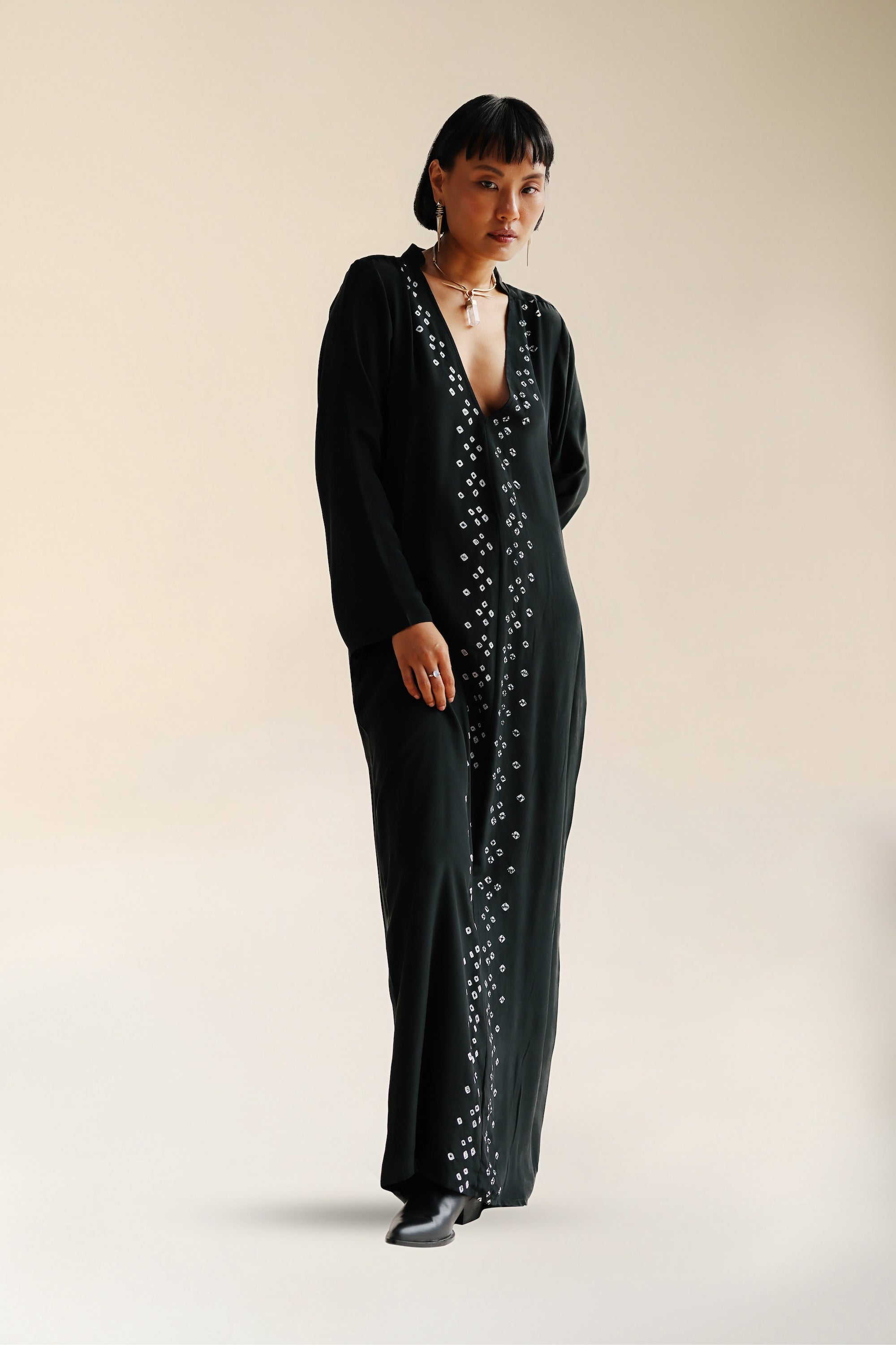 Amara Dress Black Bhandani | Long Sleeved Maxi Dress with Tie Dyed Detail | FARA Boutique - FARABOUTIQUE Amara Dress Black Bhandani | Long Sleeved Maxi Dress with Tie Dyed Detail | FARA Boutique - FARABOUTIQUE