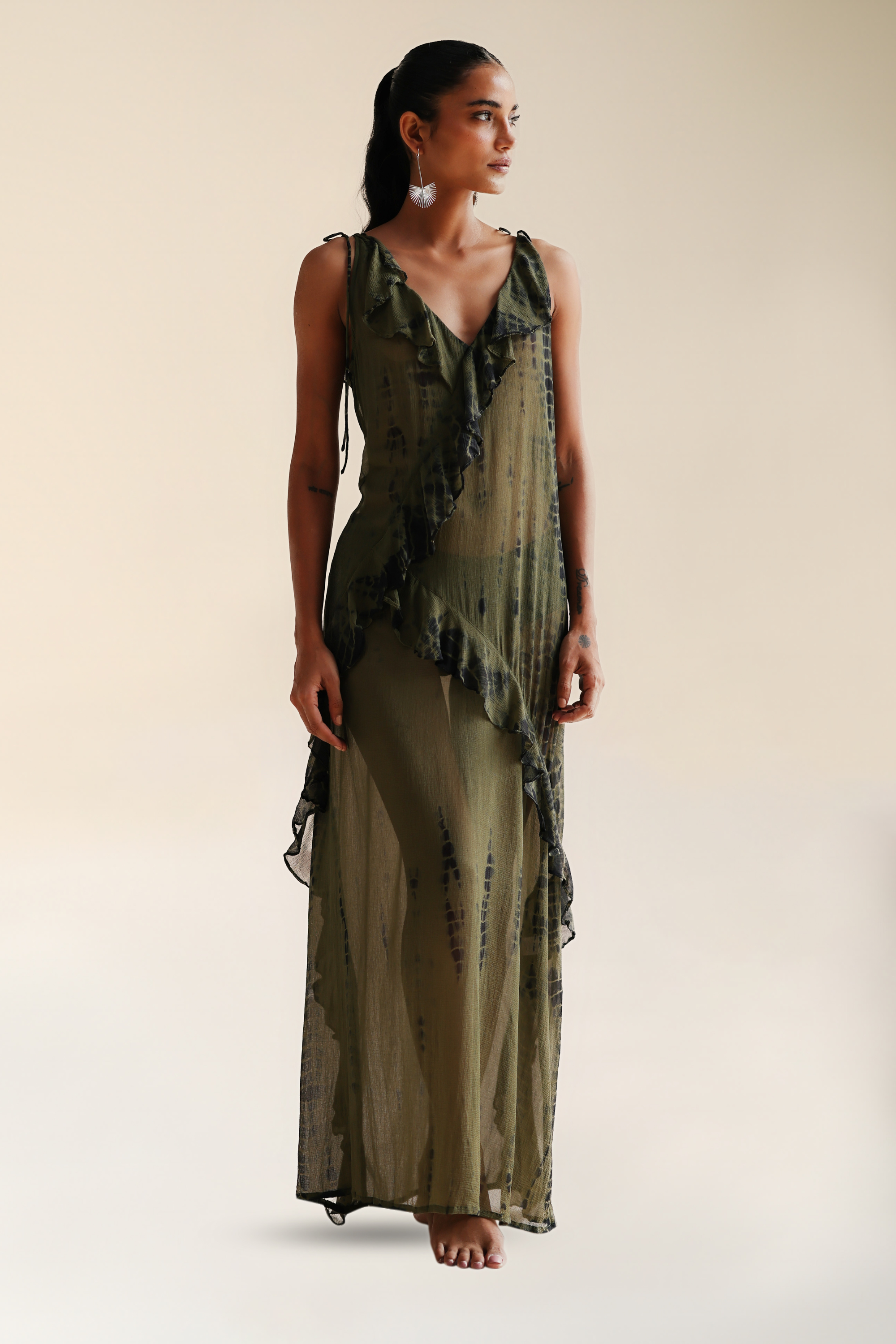 Paloma Dress Olive Tie Dye | Green Tie Dye Ruffle Front Sheer Chiffon Maxi Dress | FARA Boutique