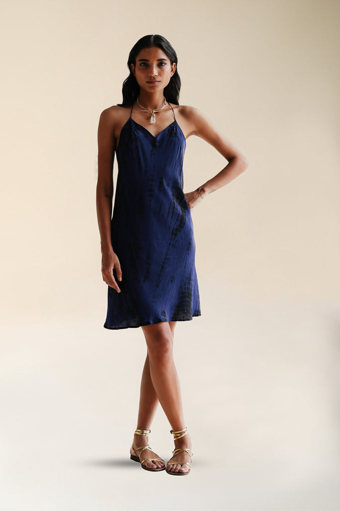 blue tie dye slip dress Luna Mini Midnight Tie Dye | Tie Dye Blue Low-Back Maxi Silk Slip Dress |  FARA Boutique
