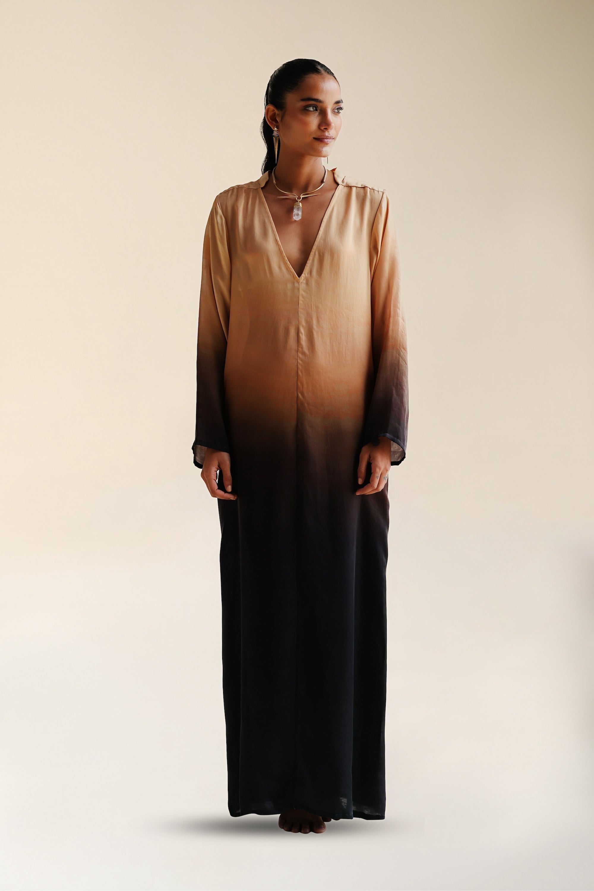 Amara Dress Gold Ombre | Long Sleeved Maxi Dress with Ombre Print and Collar | FARA Boutique - FARABOUTIQUE Amara Dress Gold Ombre | Long Sleeved Maxi Dress with Ombre Print and Collar | FARA Boutique - FARABOUTIQUE