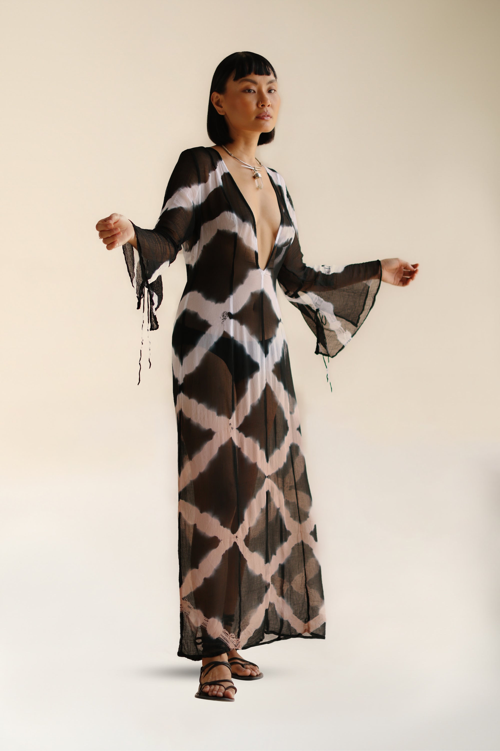 Ronny Dress Diamond Tie Dye | Black and White Sheer Chiffon Flared Sleeve Maxi Dress | FARA Boutique - FARABOUTIQUE Ronny Dress Diamond Tie Dye | Black and White Sheer Chiffon Flared Sleeve Maxi Dress | FARA Boutique - FARABOUTIQUE