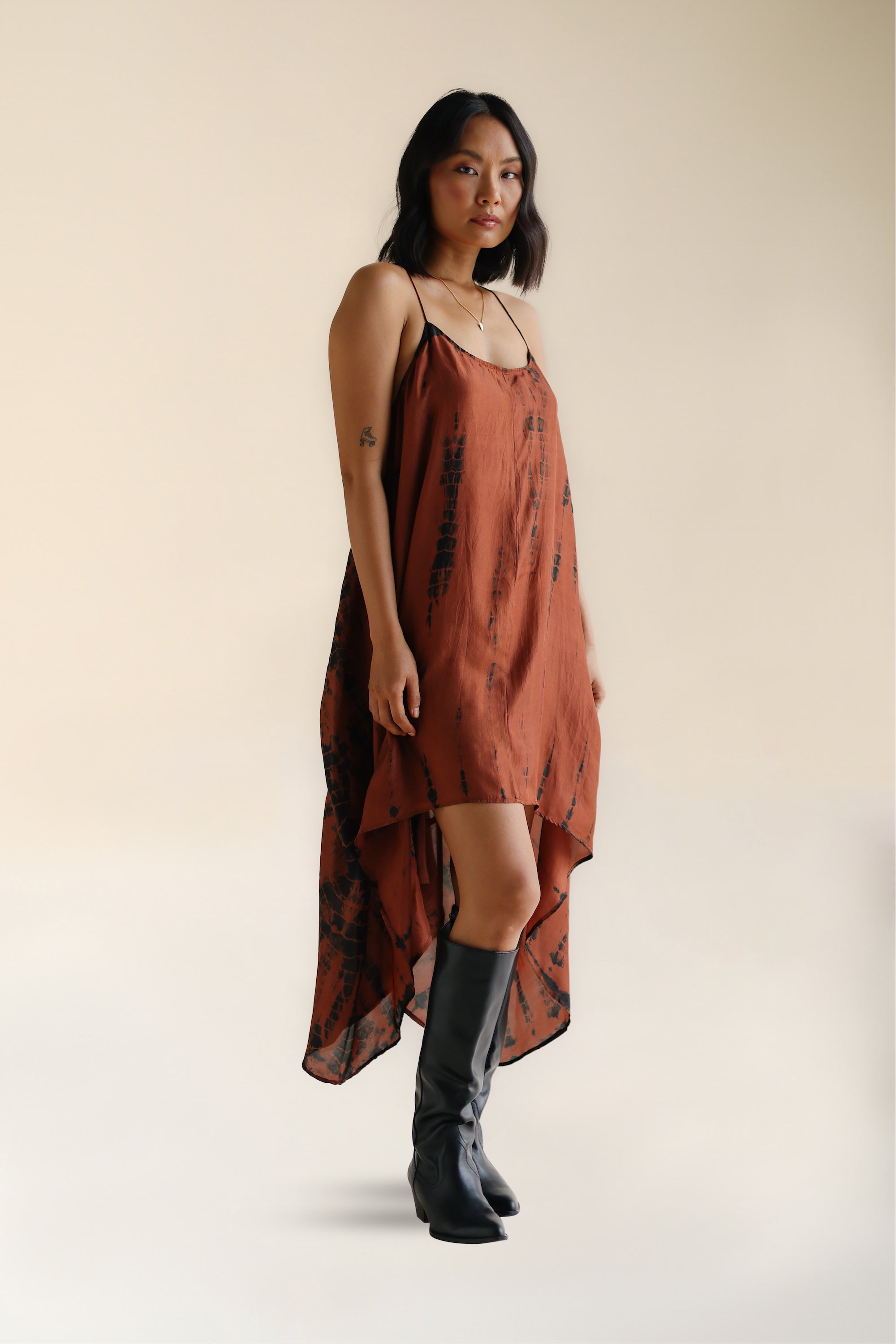 Zen Dress Tigers Eye Tie Dye | Brown Tie Dye Spaghetti Strap Backless Silk Dress | FARA Boutique