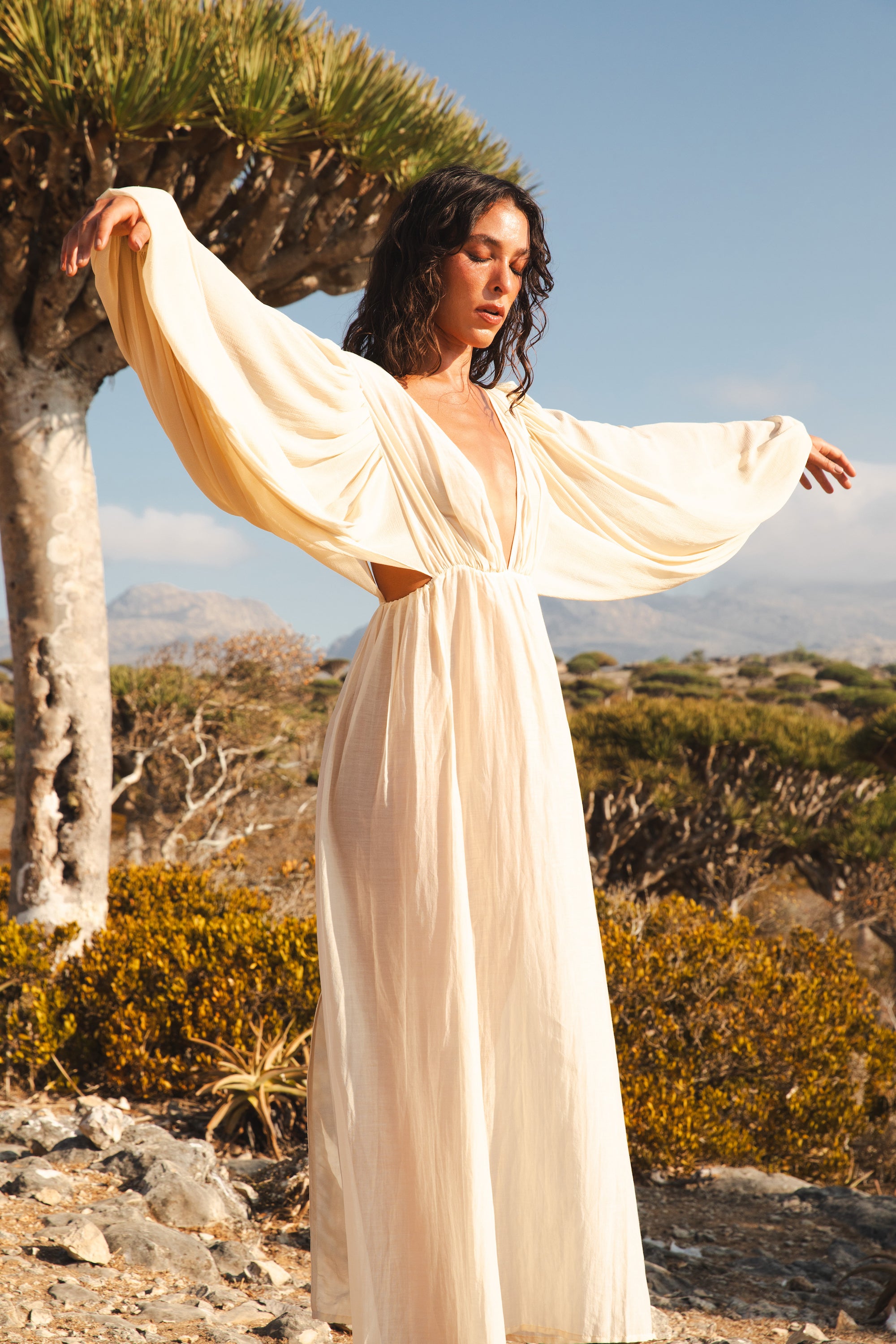 floaty cream dress Women's Cream Floaty Woven Flared Sleeve Maxi Dress