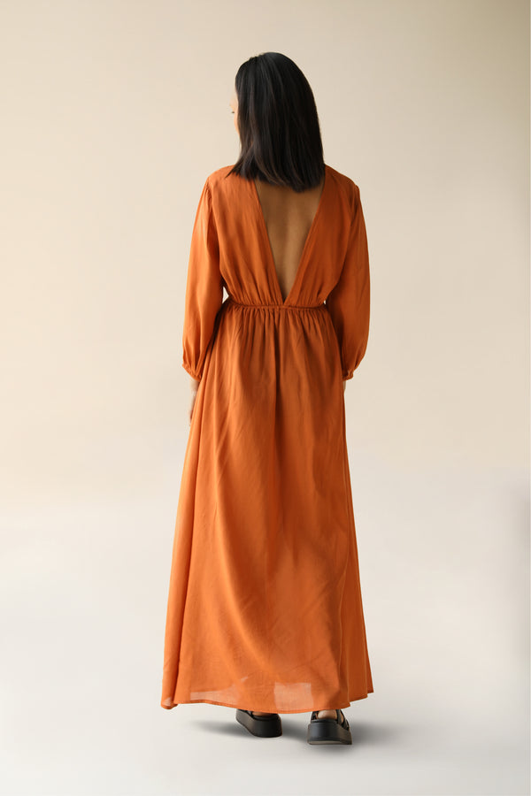 Connie Maxi Dress Hemp Modal Flame | Elegant Low V Long Sleeved