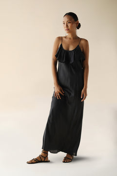 Flora Maxi Dress Silk Black | Ruffled Open Back Black Silk Maxi Dress |  FARA Boutique