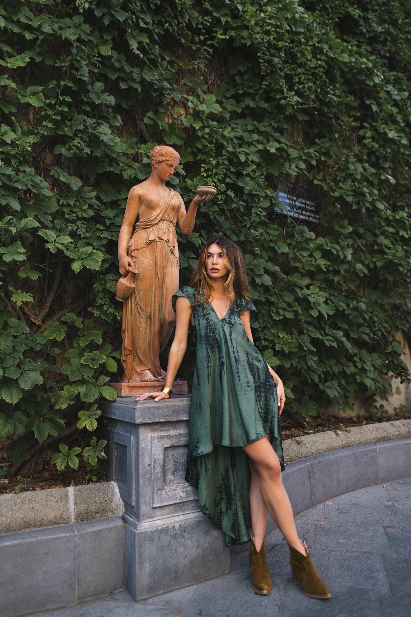 Lana Dress Silk Tourmaline Tie Dye | Green Tie Dye Backless Silk Midi Dress  | FARA Boutique