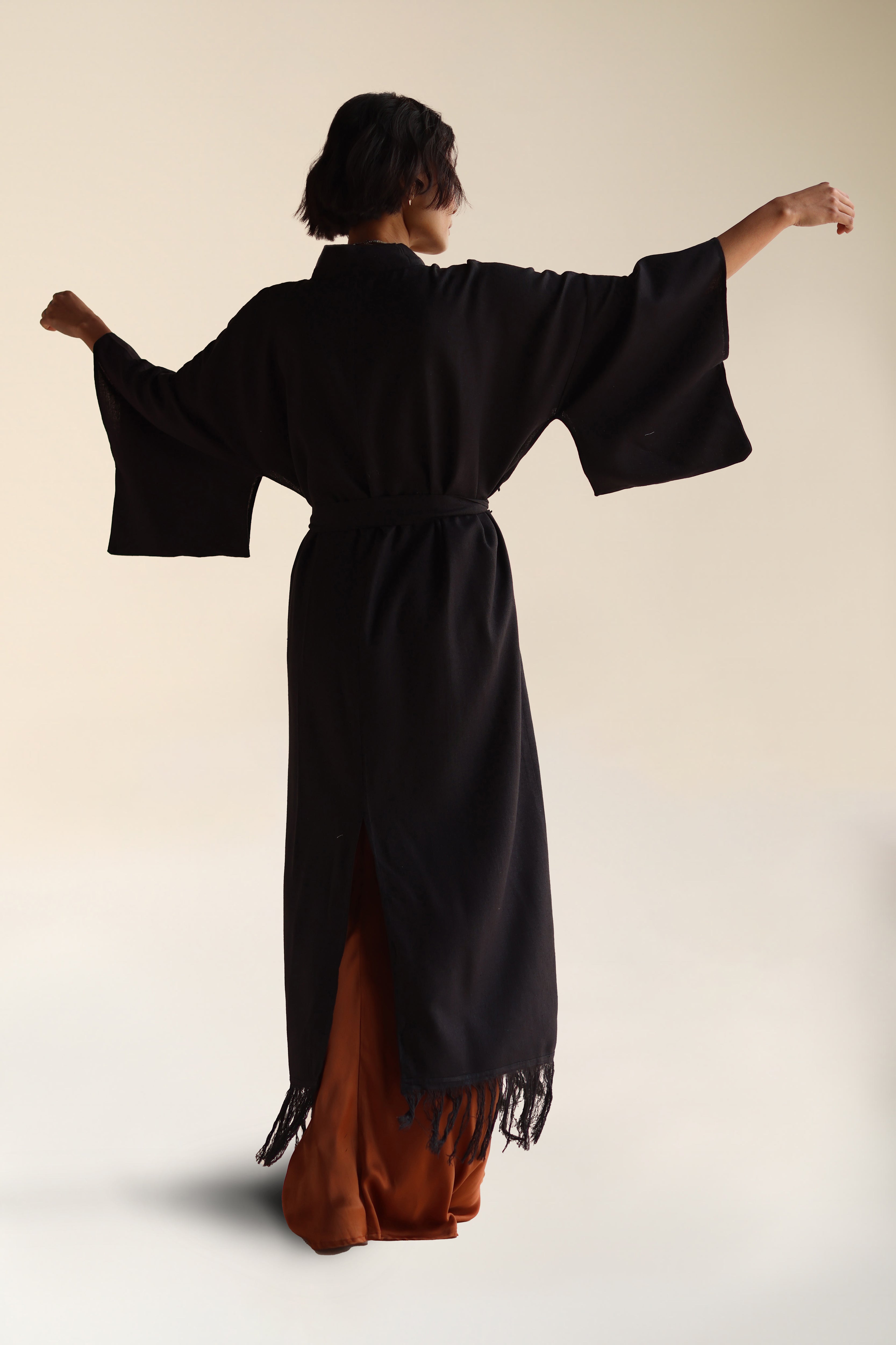 Long Raw Silk Kimono Black | Long Black Raw Silk Kimono With Fringe Detail | FARA Boutique - FARABOUTIQUE Long Raw Silk Kimono Black | Long Black Raw Silk Kimono With Fringe Detail | FARA Boutique - FARABOUTIQUE