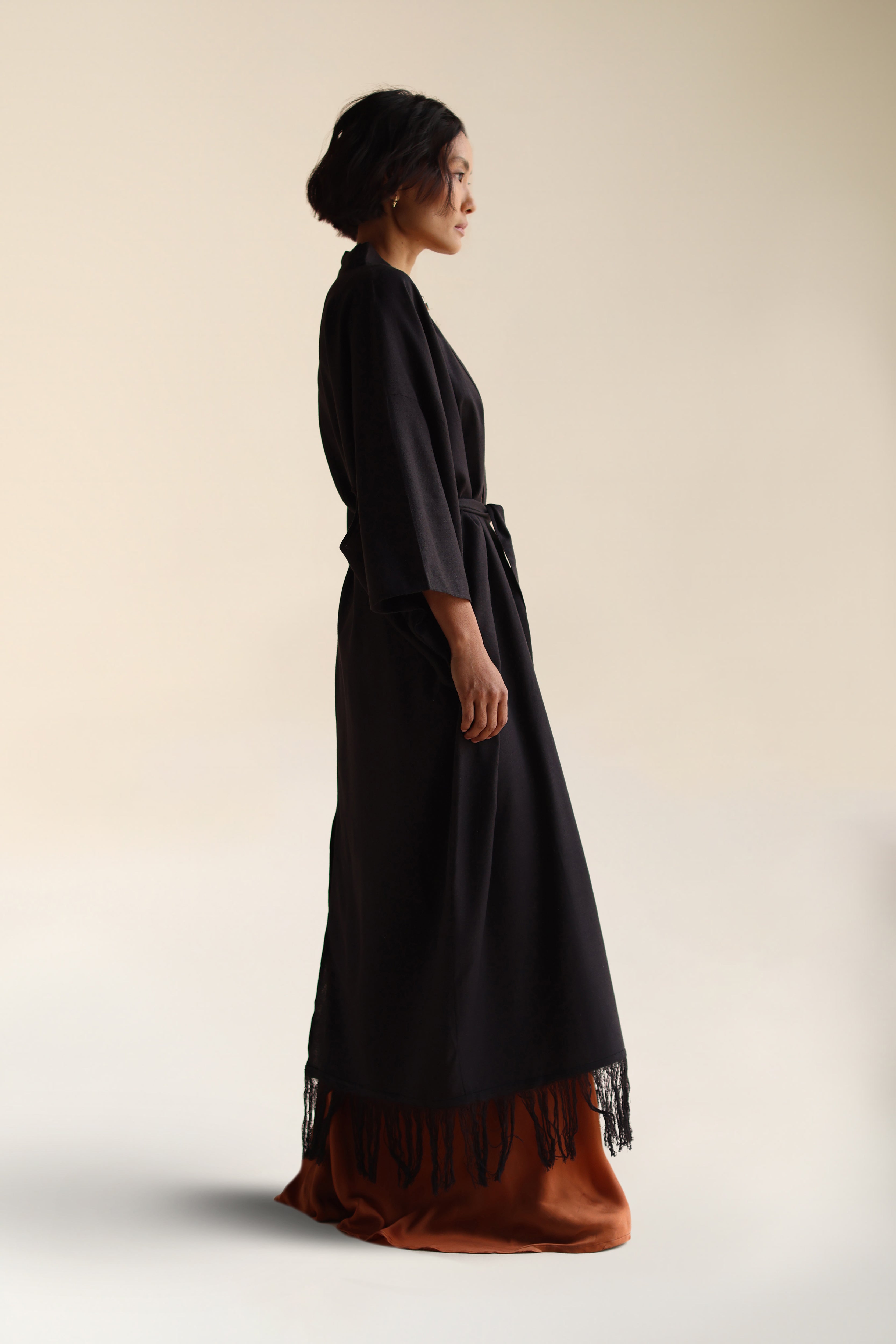 Long Raw Silk Kimono Black | Long Black Raw Silk Kimono With Fringe Detail | FARA Boutique - FARABOUTIQUE Long Raw Silk Kimono Black | Long Black Raw Silk Kimono With Fringe Detail | FARA Boutique - FARABOUTIQUE