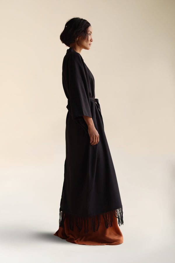 Long Raw Silk Kimono Black | Long Black Raw Silk Kimono With Fringe Detail | FARA Boutique Long Raw Silk Kimono Black | Long Black Raw Silk Kimono With Fringe Detail | FARA Boutique