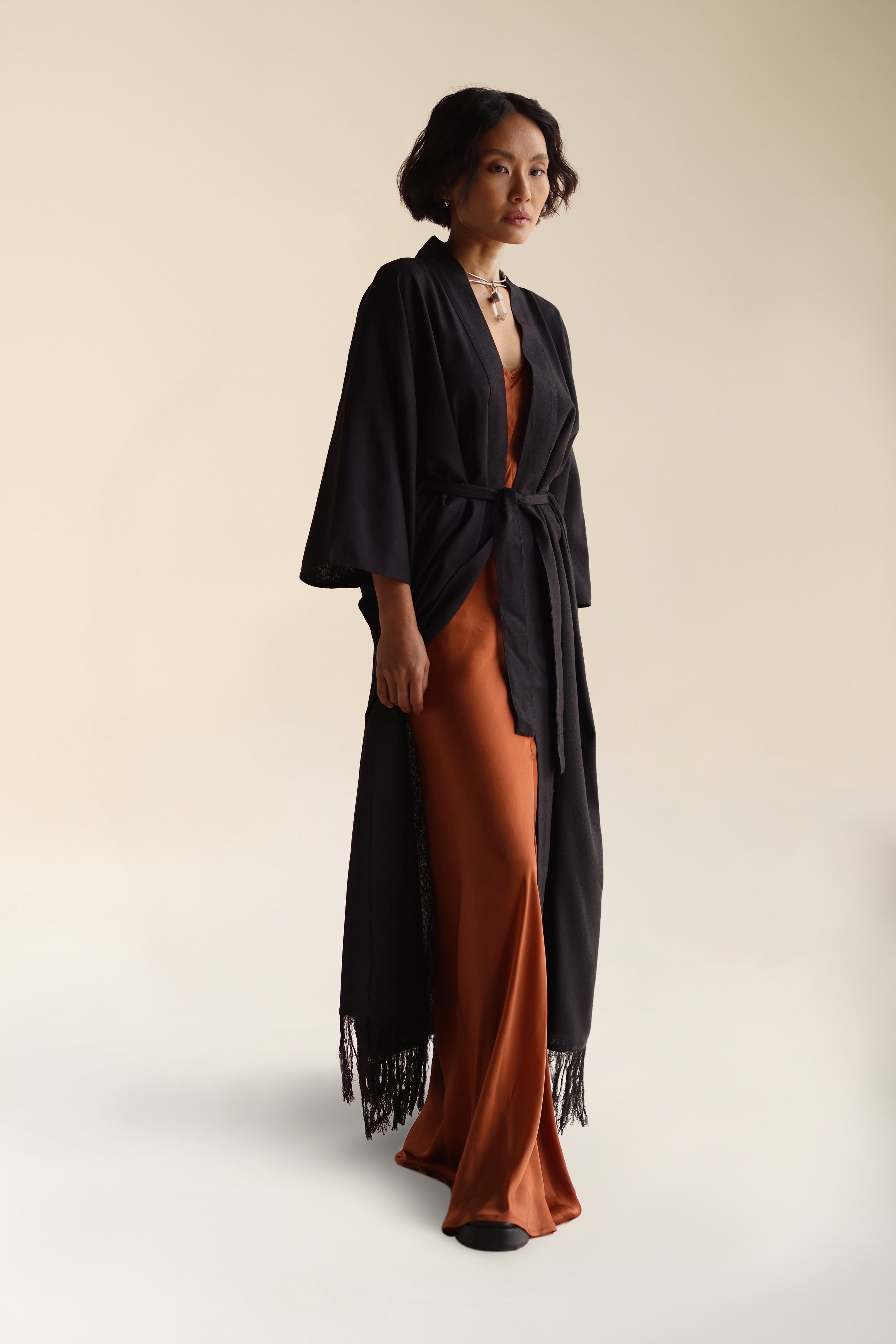 Long Raw Silk Kimono Black | Long Black Raw Silk Kimono With Fringe Detail | FARA Boutique - FARABOUTIQUE Long Raw Silk Kimono Black | Long Black Raw Silk Kimono With Fringe Detail | FARA Boutique - FARABOUTIQUE