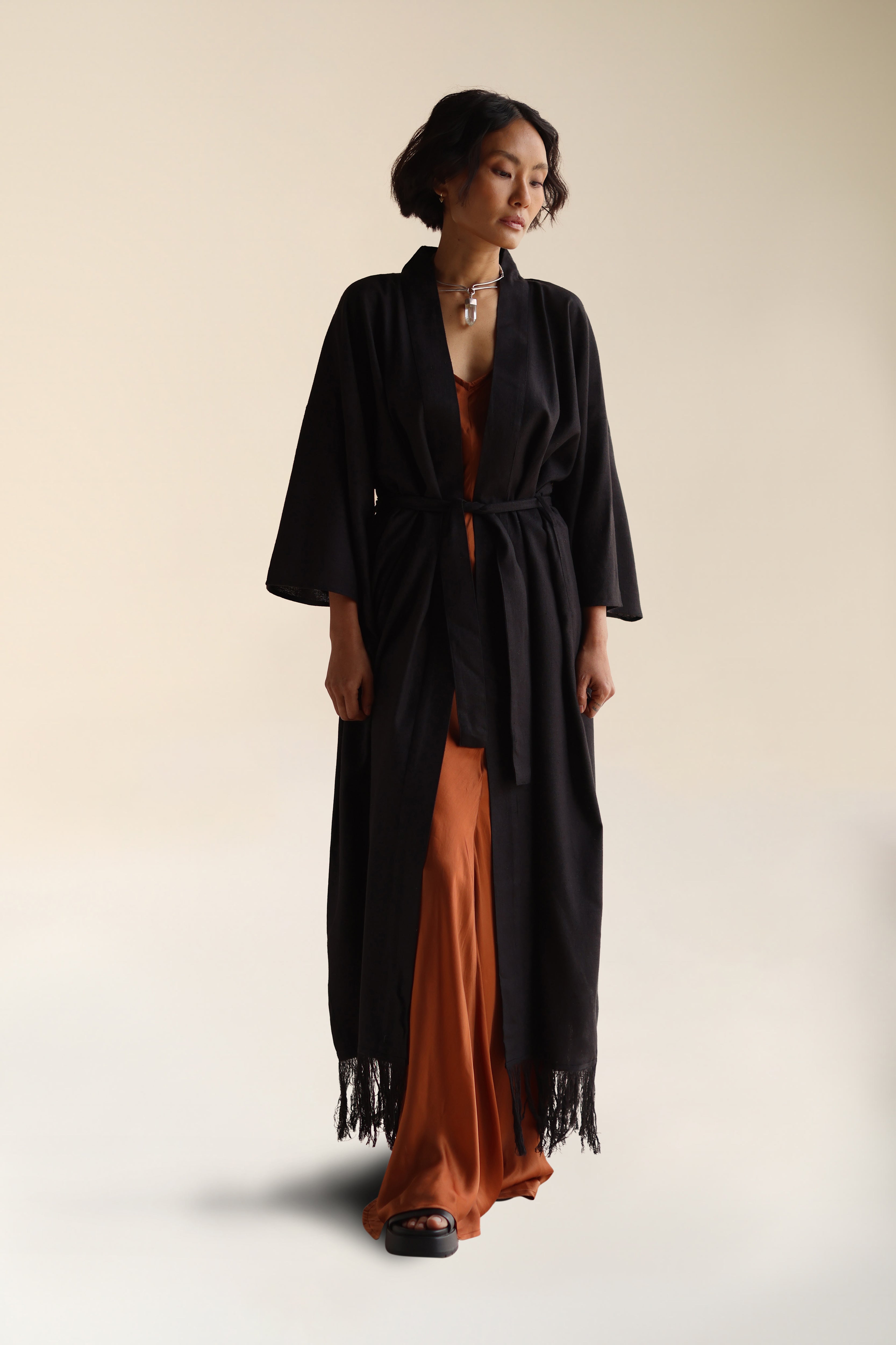 Long Raw Silk Kimono Black | Long Black Raw Silk Kimono With Fringe Detail | FARA Boutique