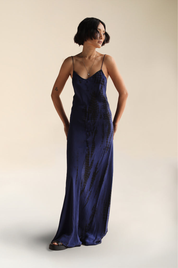 Luna Maxi Midnight Tie Dye | Tie Dye Blue Low-Back Maxi Silk Slip Dress | FARA Boutique