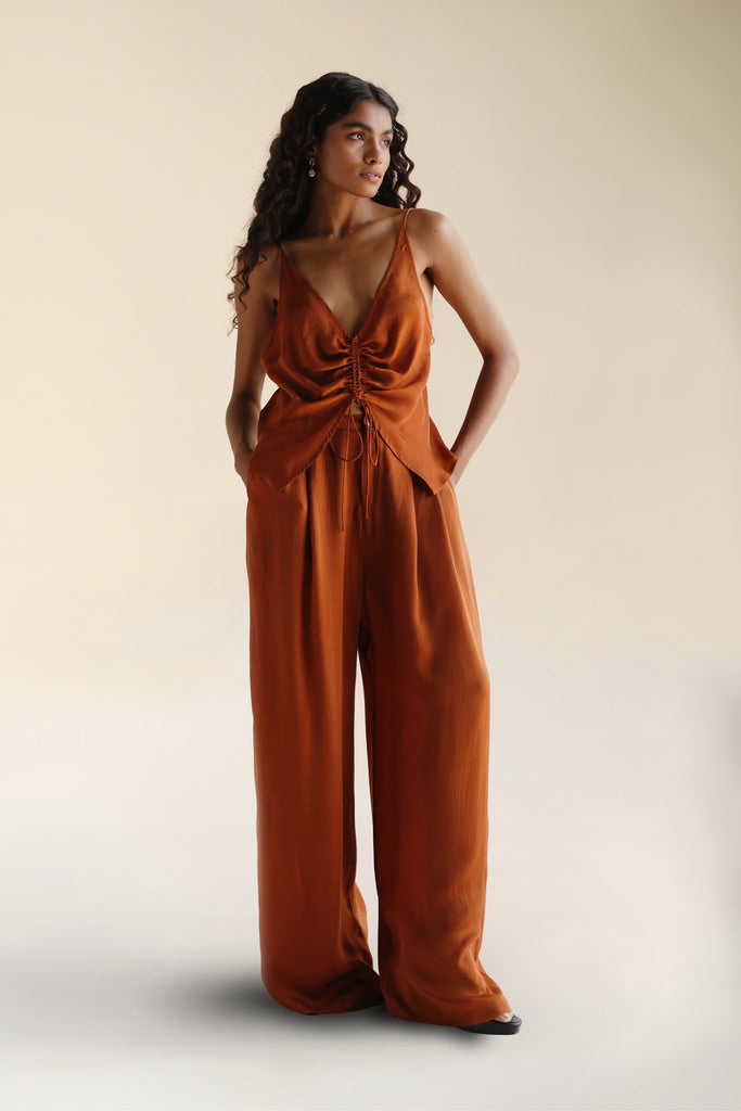 burnt orange dress pants Nova Trouser Cinnamon | Tailored Satin High Waist Wide Leg Trousers | FARA Boutique Black Velvet Dress Long Size:Custom (please contact us) Go rustic or earthy on_sale