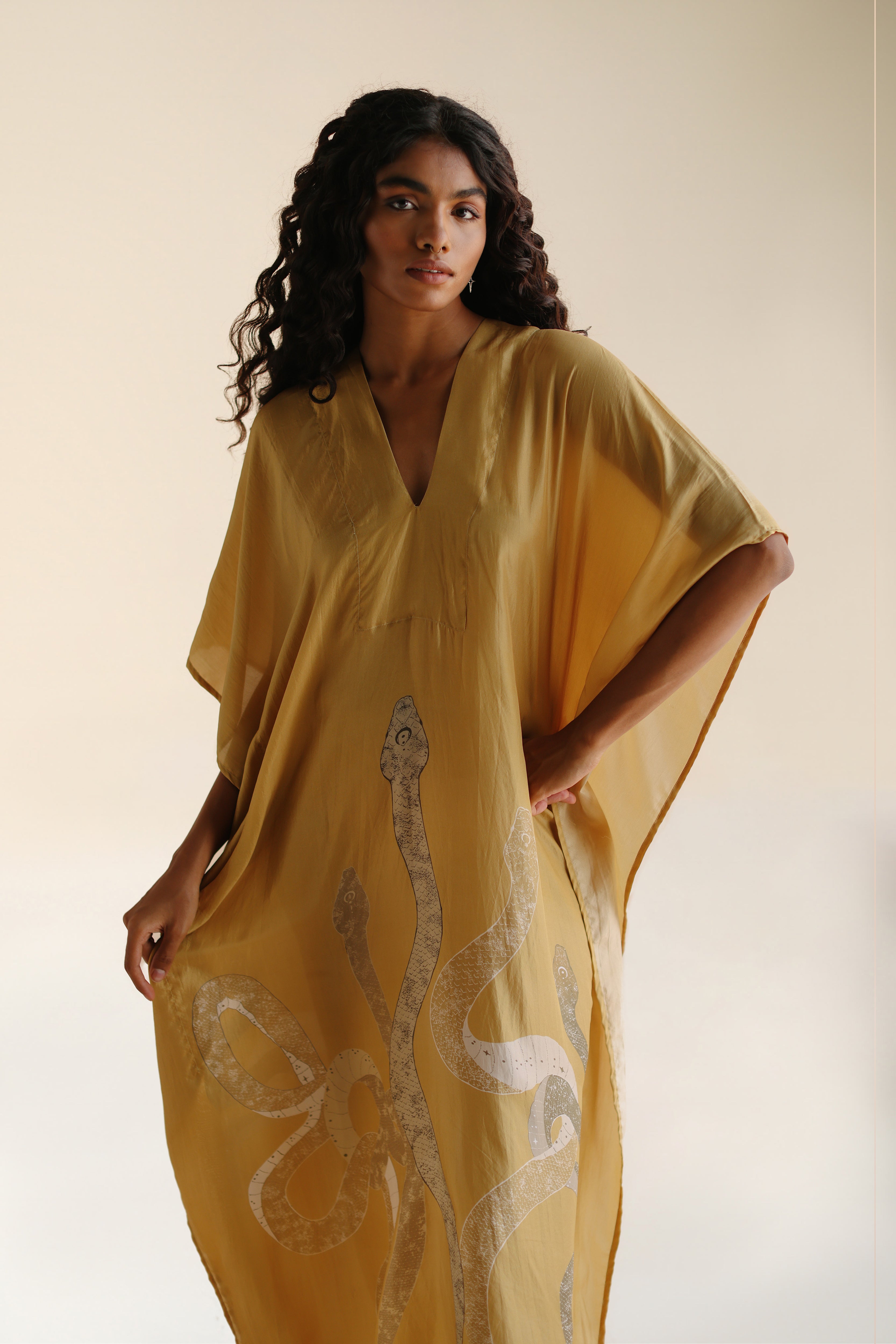 Rise Kaftan Gold | Hand Drawn and Printed Mystical Serpent Print Gold Silk Kaftan | FARA Boutique - FARABOUTIQUE Rise Kaftan Gold | Hand Drawn and Printed Mystical Serpent Print Gold Silk Kaftan | FARA Boutique - FARABOUTIQUE
