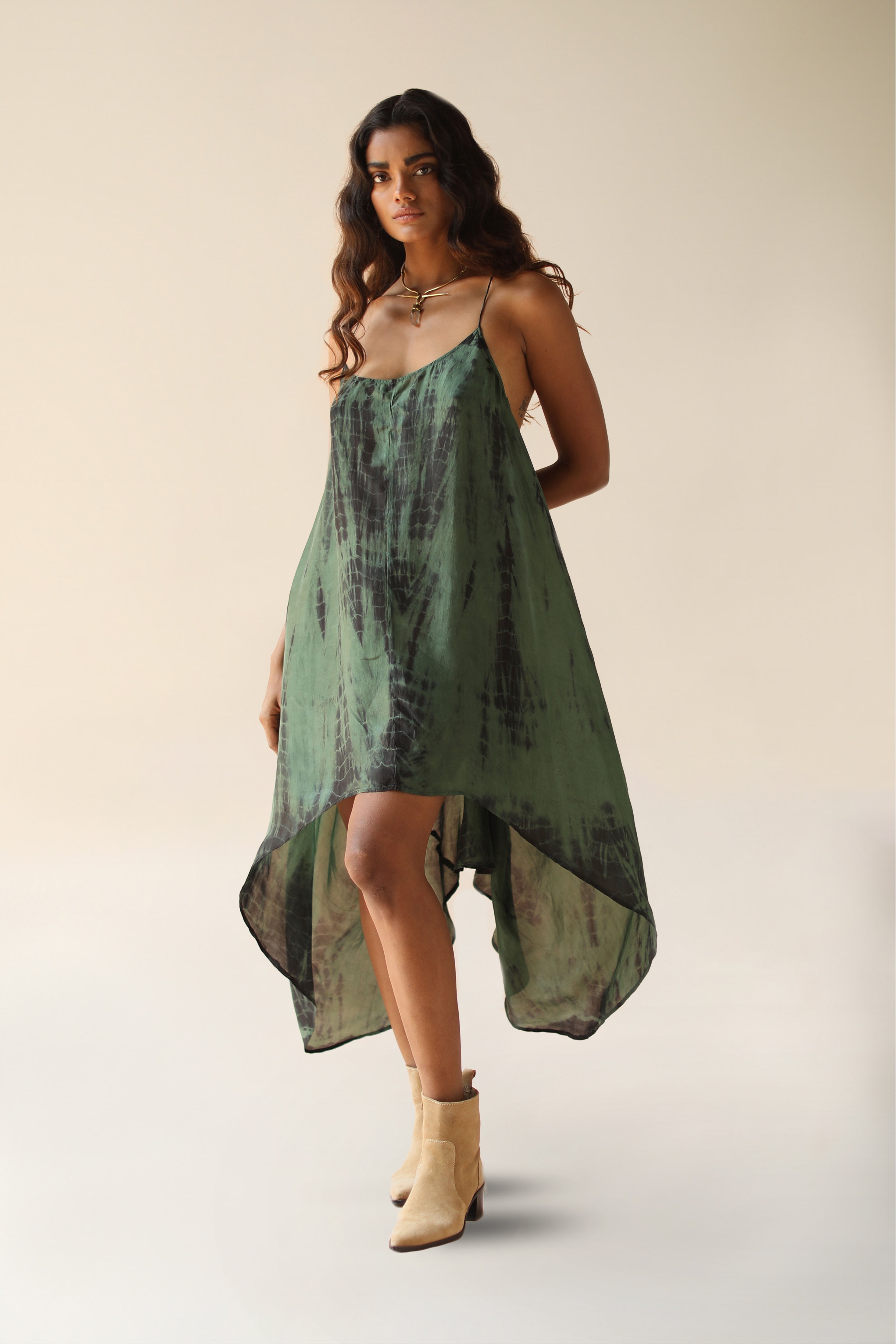 Zen Dress Silk Tourmaline Tie Dye | Green Tie Dye Spaghetti Strap Backless Silk Dress | FARA Boutique - FARABOUTIQUE Zen Dress Silk Tourmaline Tie Dye | Green Tie Dye Spaghetti Strap Backless Silk Dress | FARA Boutique - FARABOUTIQUE