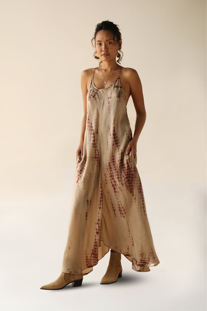 Zen Maxi Dress Silk Fawn Tie Dye Cream Tie Dye Spaghetti Strap