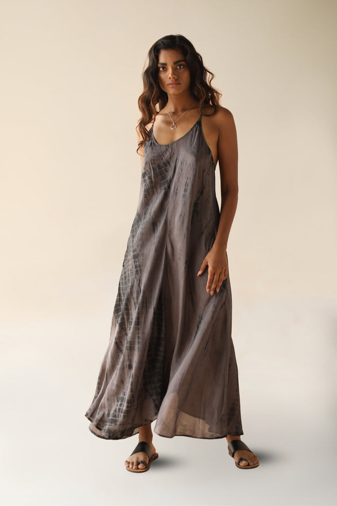 Zen Maxi Dress Silk Shadow Tie Dye Grey Tie Dye Spaghetti Strap