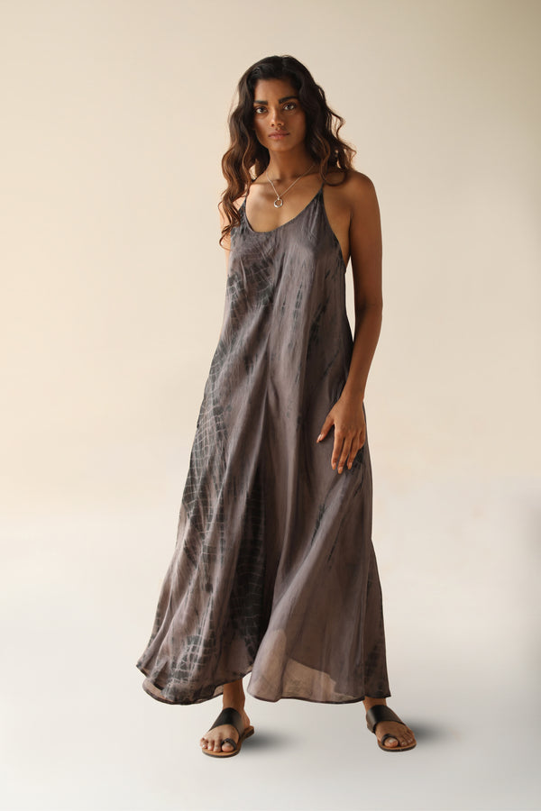 Zen Maxi Dress Silk Shadow Tie Dye Grey Tie Dye Spaghetti Strap