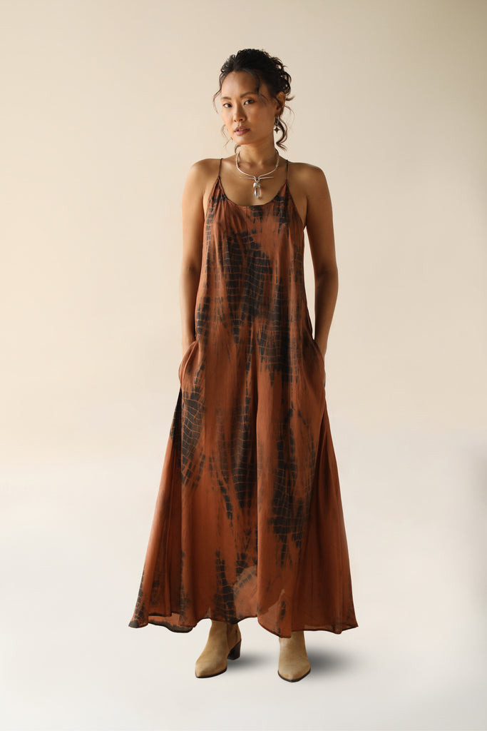 Zen Maxi Dress Silk Tigers Eye Tie Dye | Brown Tie Dye Spaghetti Strap  Backless Silk Maxi Dress | FARA Boutique